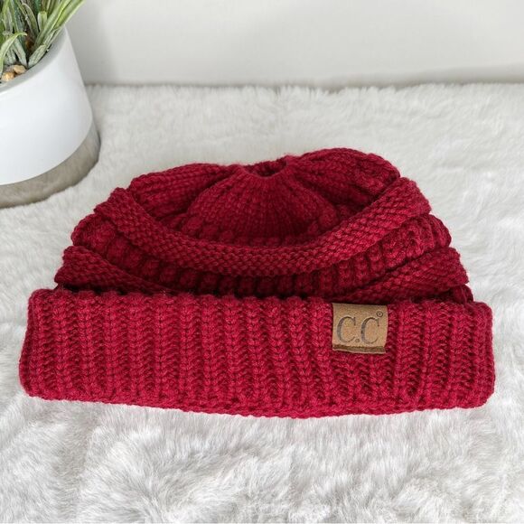 C.C Dark Crimson Red Ponytail Cable Knit Beanie Hat - Picture 4 of 8
